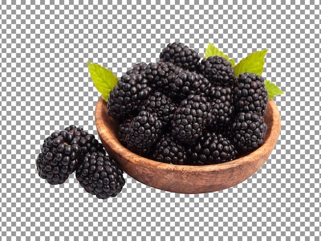 PSD fresh blackberries with green leaves in wooden bowl on transparent background