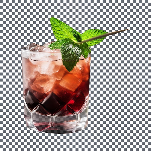 PSD Свежий коктейльный стакан из черной ягоды с измельченным льдом и листьями мяты, изолированными на прозрачном фоне