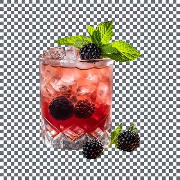 PSD fresh blackberry cocktail glass with crushed ice and mint leaves isolated on transparent background