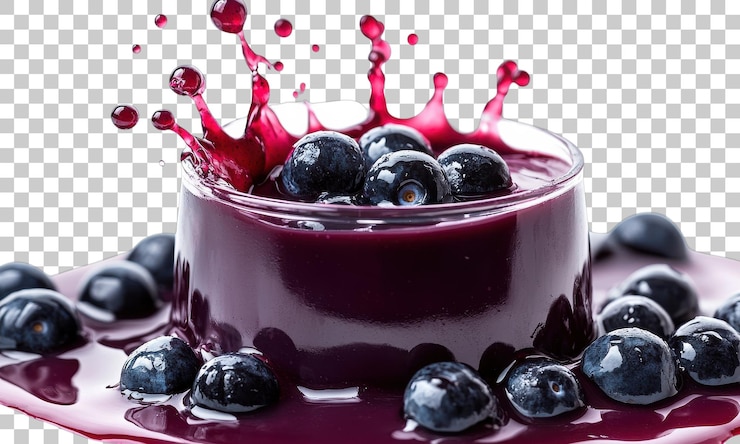 PSD fresh blueberries create splashes in vibrant berry sauce on a white background