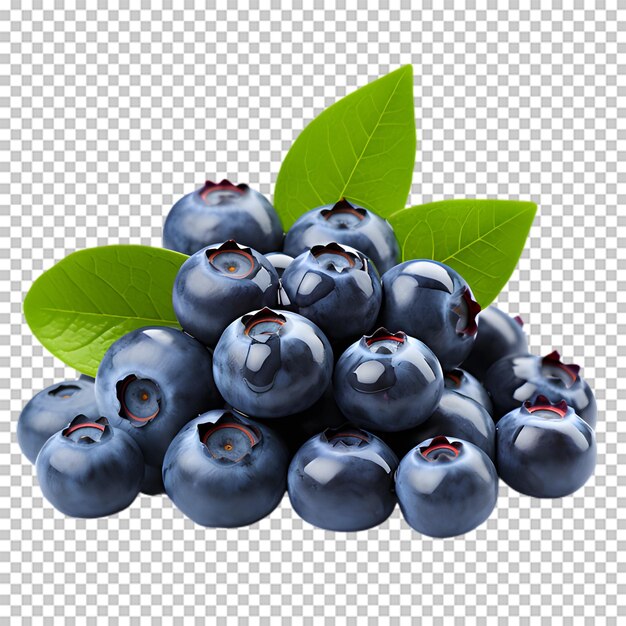 Fresh blueberries with green leaves isolated on transparent background