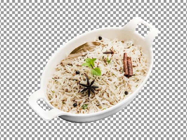 PSD fresh boiled white rice in a long bowl with transparent background