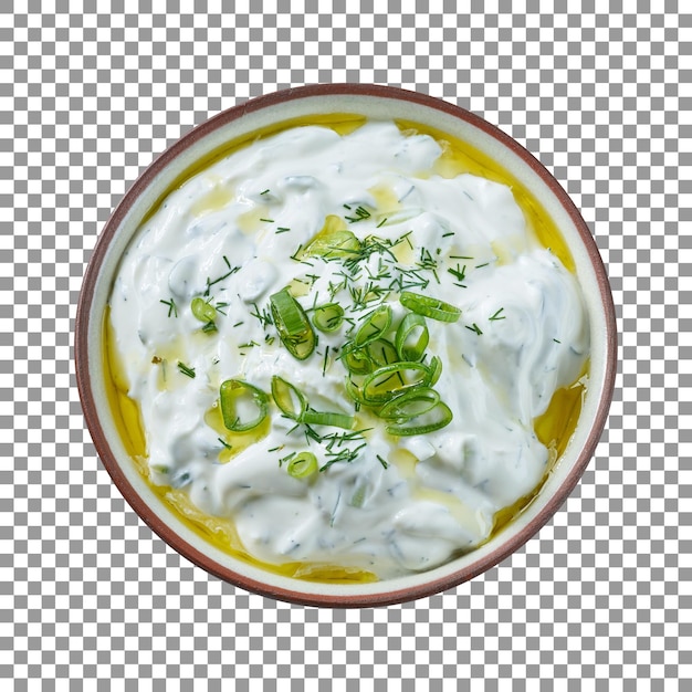 fresh bowl of greek yogurt with green onions top view isolated on transparent background