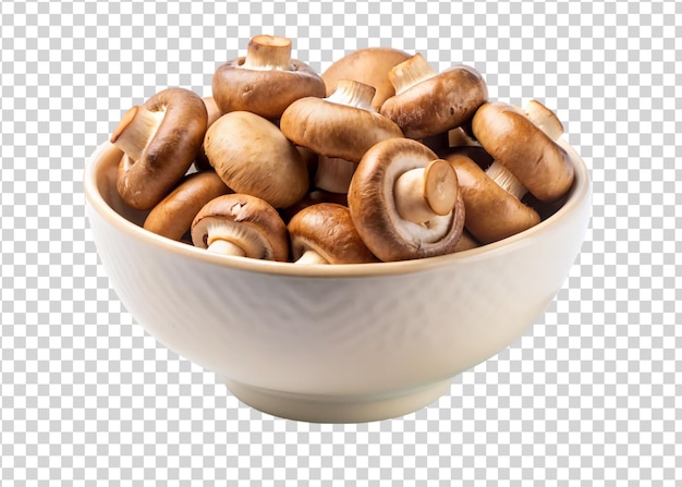 PSD fresh champignon mushrooms in a bowl isolated on transparent background