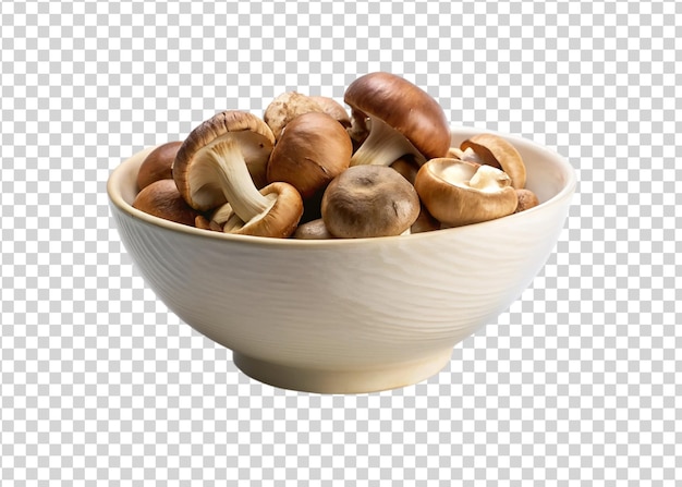 PSD fresh champignon mushrooms in a bowl isolated on transparent background