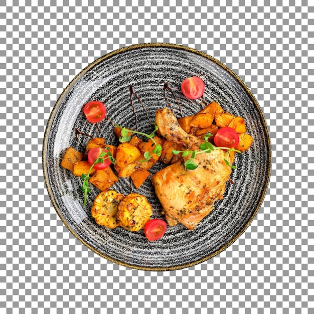PSD fresh chicken thigh with fried pumpkins and tomatoes on transparent background