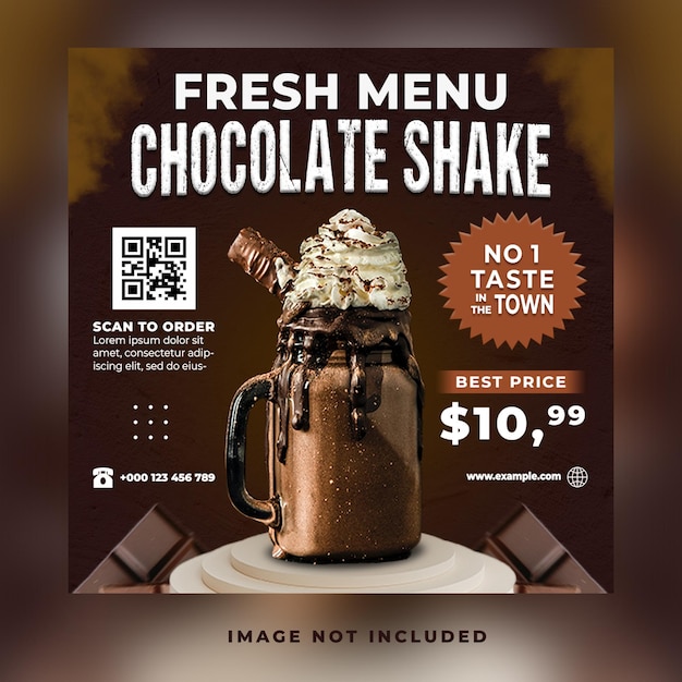PSD menu della bevanda con frullato di cioccolato fresco instagram post sui social media o modello di banner quadrato