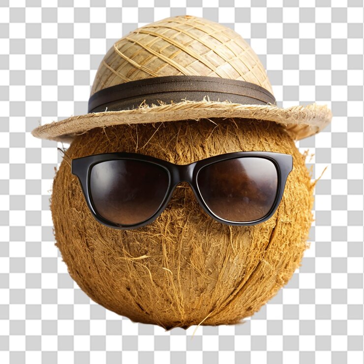 PSD fresh coconut with hat sun glasses isolated on transparent background