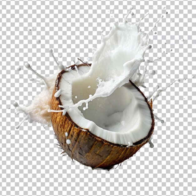 PSD fresh coconut with leaves and juice splash isolated on alpha layer png