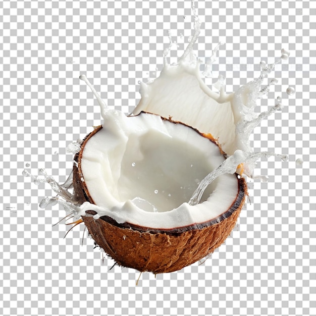 Fresh coconut with leaves and juice splash isolated on alpha layer png