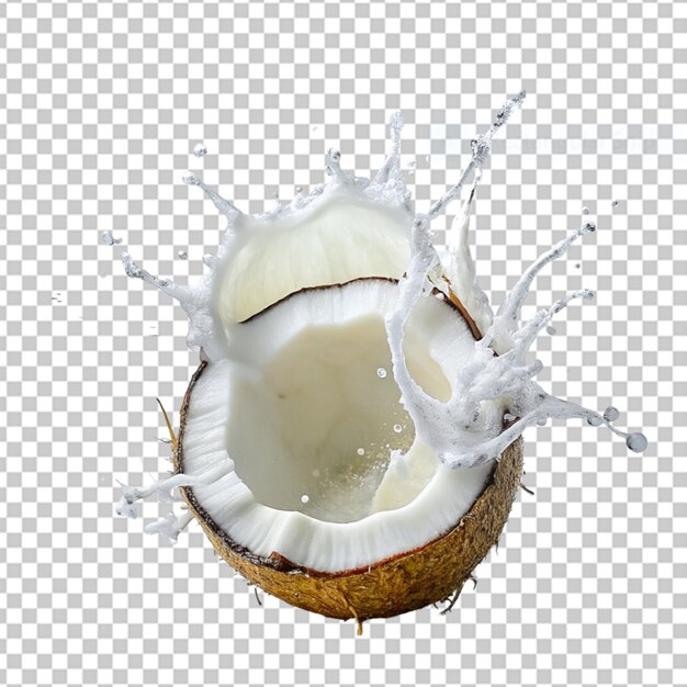 PSD fresh coconut with leaves and juice splash isolated on alpha layer png