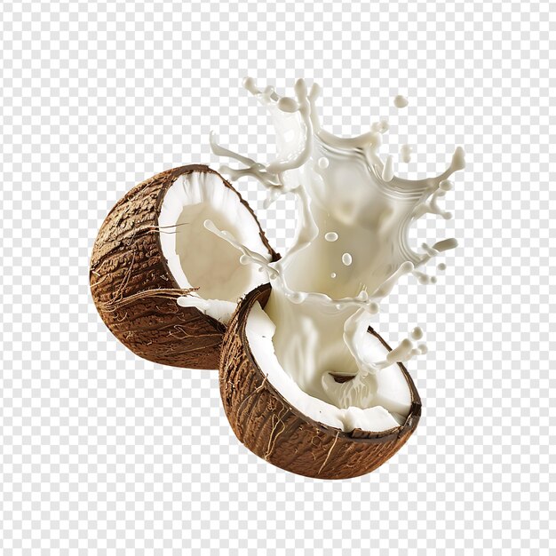 fresh coconut with milk splash isolated on a transparent background by ai generative