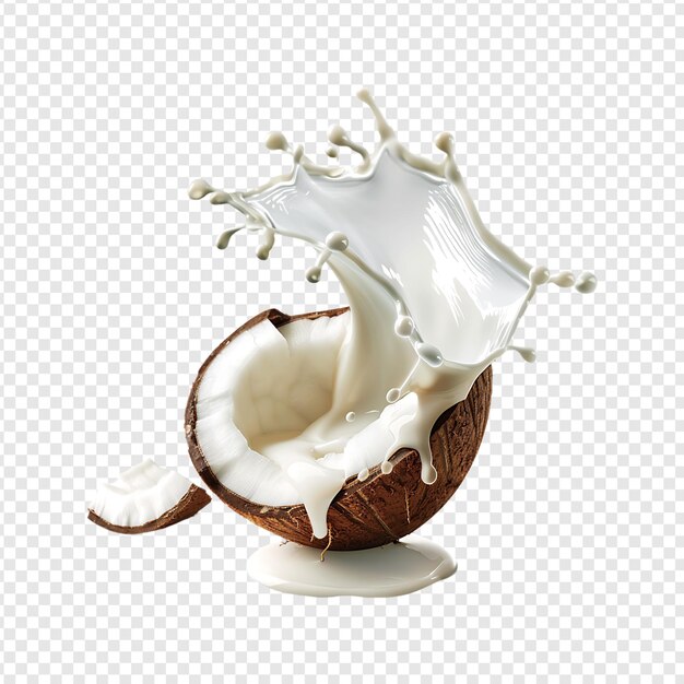fresh coconut with milk splash isolated on a transparent background by ai generative
