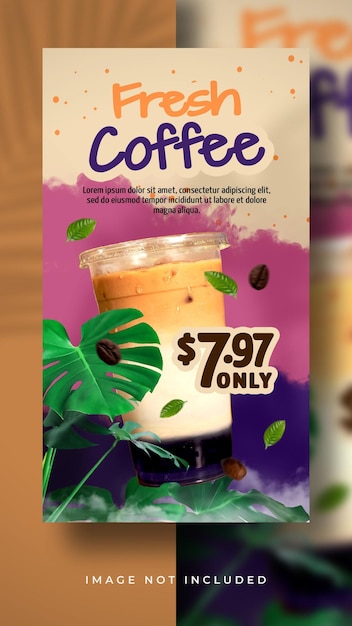 PSD fresh coffee drink special new menu for promotion social media post stories banner template