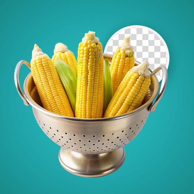 Fresh corn cobs in wooden box on transparent background