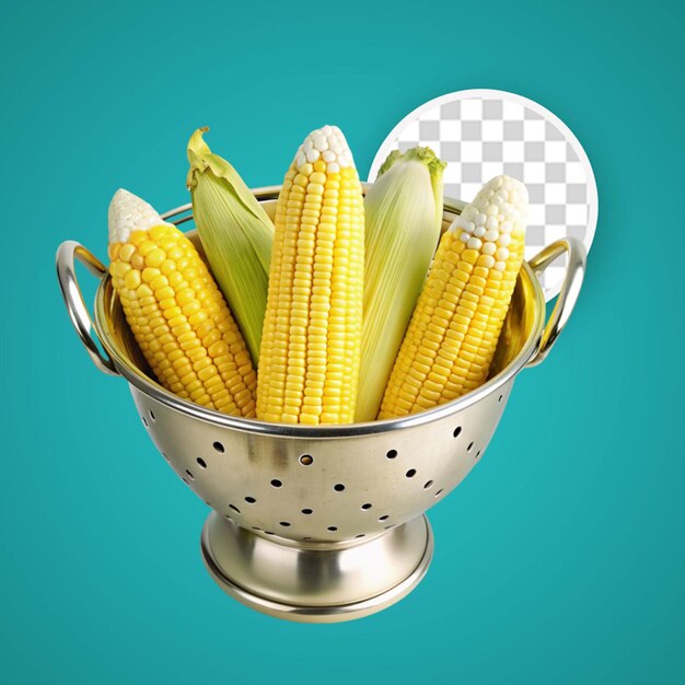 PSD fresh corn cobs in wooden box on transparent background