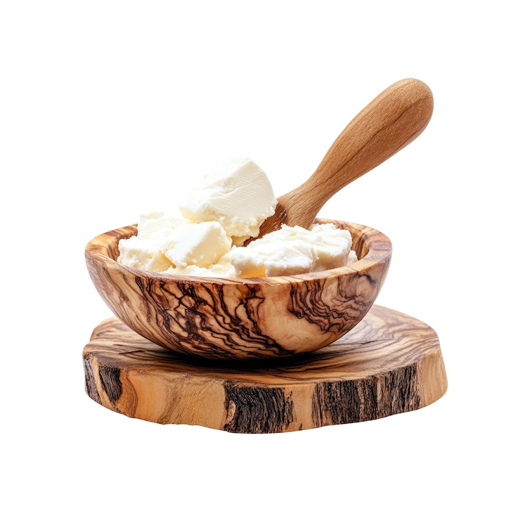PSD fresh creamy feta cheese in wooden bowl with wooden spoon on rustic wooden cutting board