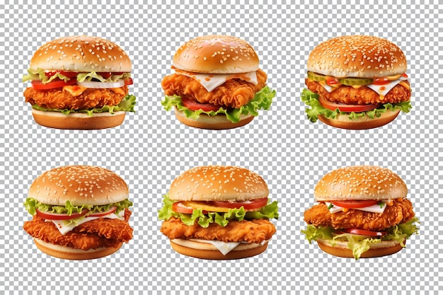 Fresh crispy chicken burger collection isolated on a transparent background