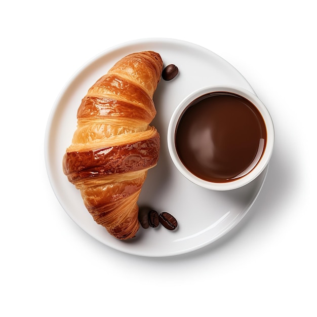 Croissant fresco con cioccolato caldo su uno sfondo bianco