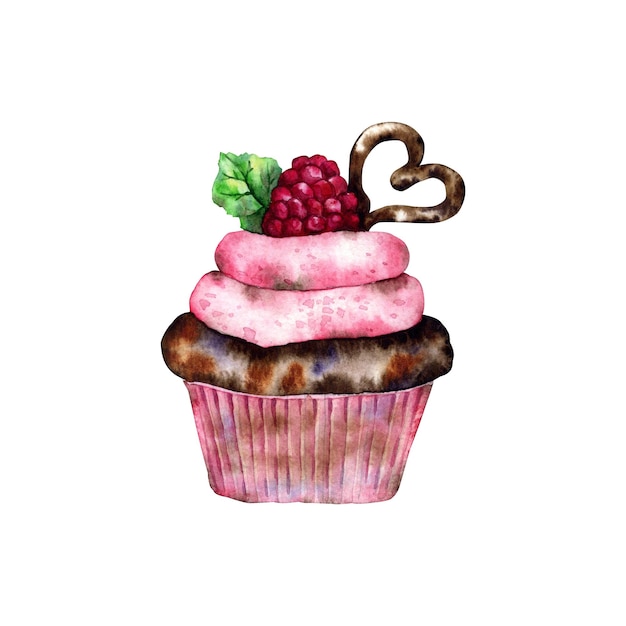 fresh cupcake with cream decorated with raspberries on a white background watercolor element