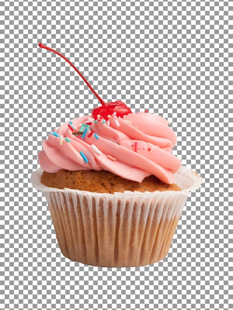 Fresh cupcake with pink icing and a cherry isolated on transparent background