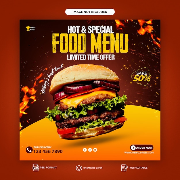 Fresh delicious burger social media post sjabloon voor reclamebanner