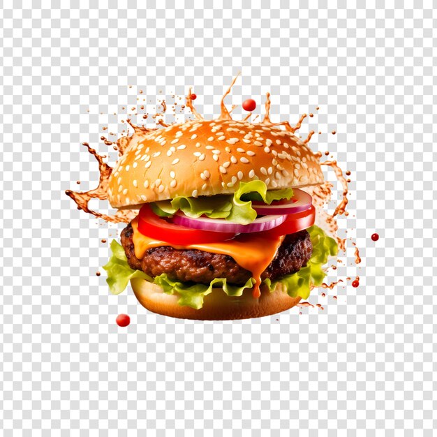 PSD fresco delizioso flying burger con carne, formaggio, salsa di pomodoro, lattuga su uno sfondo trasparente
