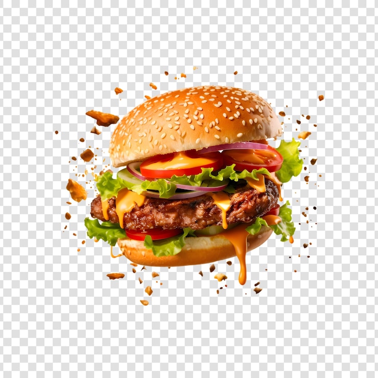 PSD fresh delicious flying burger with beef cheese tomato sauce lettuce on a transparent background