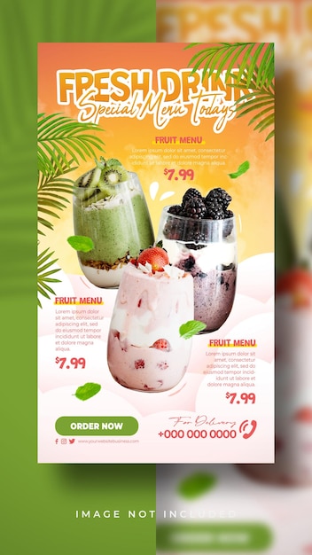 Fresh drink fruit menu special promotion summer flavors social media post stories banner template