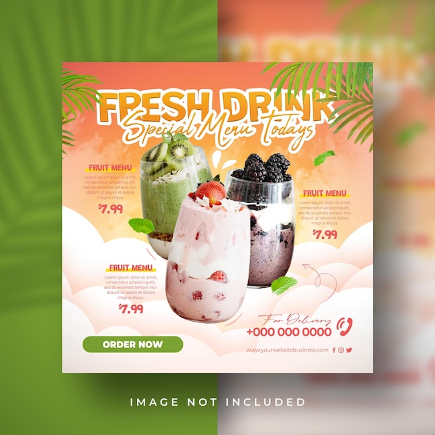 PSD 프로모션 소셜 미디어 게시물 피드 배너 템플릿을 위한 신선한 음료 특별 모든 맛 건강 메뉴