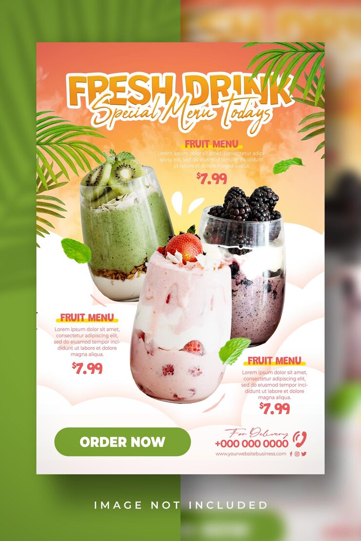PSD 프로모션 포스터 전단지 디스플레이 배너 템플릿을 위한 신선한 음료 특별 모든 맛 건강 메뉴