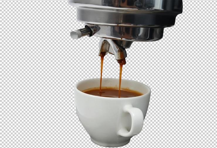 PSD fresh espresso pours from coffee machine into white cup png