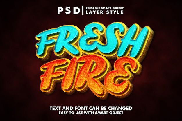 Fresh fire 3d cartoon teksteffect premium psd