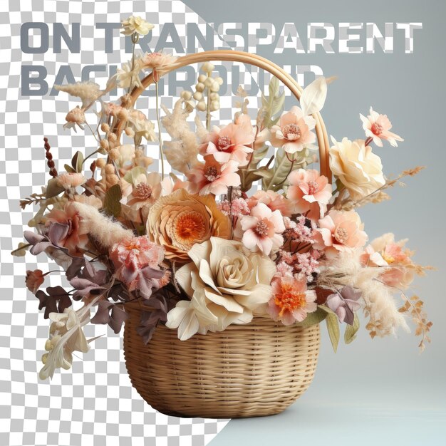 Fresh flowers in a large wooden basket on a transparent background