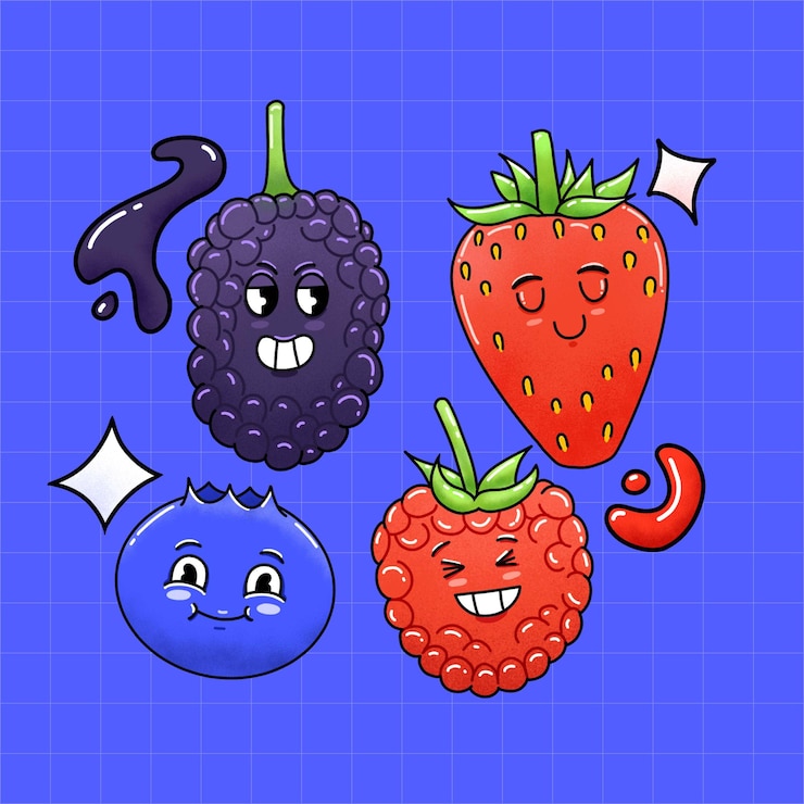 PSD fresh fruit berries family cute illustration
