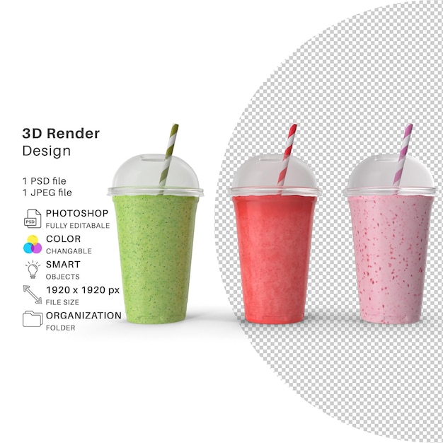 Fresh Fruits Coctails in Plastic Cup with Straw 3D Modeling PSD File Realistic