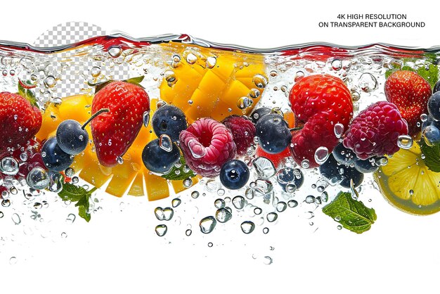 Fresh fruits and different berries in transparent background