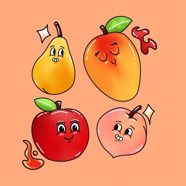 PSD fresh fruits set cute illustration