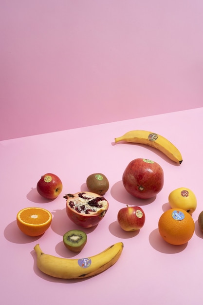 PSD fresh fruits with stickers mockup