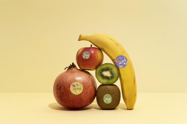 PSD fresh fruits with stickers mockup