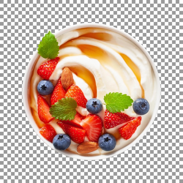 Fresh fruits in yoghurt bowl with caramel isolated on transparent background