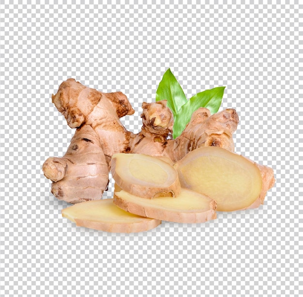 Fresh ginger rhizome and sliced with leaves isolated Premium PSD