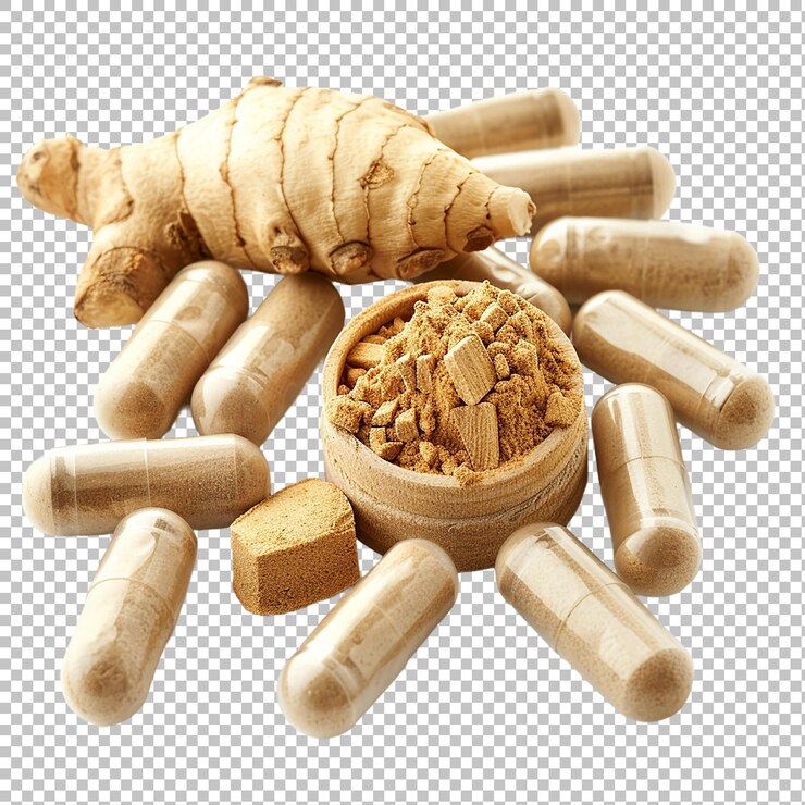 PSD fresh ginger root and ginger powder isolated on white background