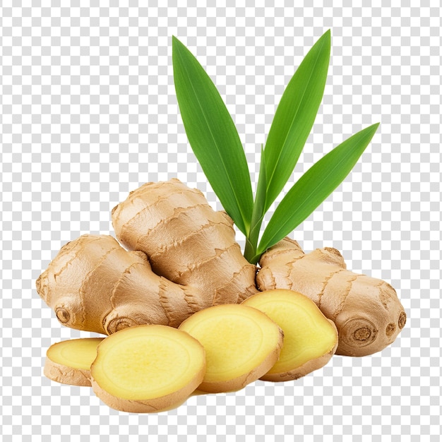 Свежий имбирь с кусочками и зелеными листьями