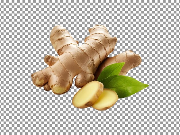 PSD fresh ginger with slices and leaves isolated on a transparent background