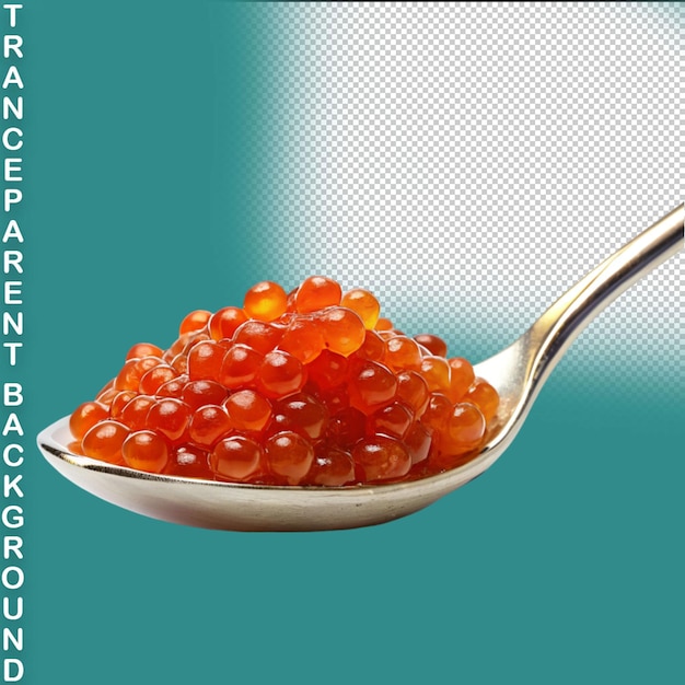 PSD fresh grained red chum salmon caviar in metallic spoon transparent background