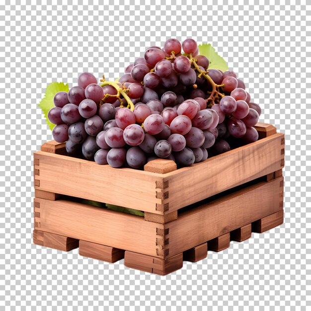 PSD 透明な背景に囲まれた木製の箱に新鮮なブドウを