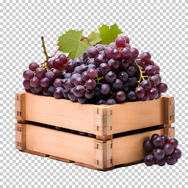 PSD fresh grapes in wooden box png isolated on transparent background