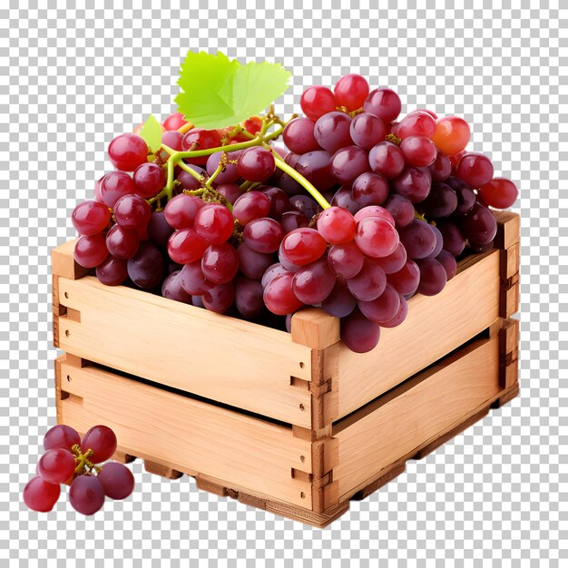 Fresh grapes in wooden box png isolated on transparent background