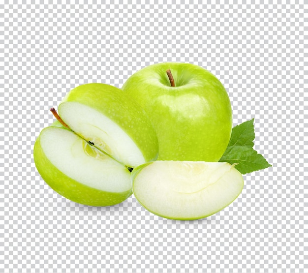 Свежее зеленое яблоко с изолированными листьями Премиум PSD Файл